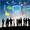 Corporate figures with social media icons looming around them
